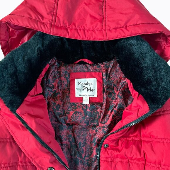 Red Quilted Puffer Jacket Sz S Black Fur Trim Floral Outdoor Winter Gorp Utility - Picture 4 of 14